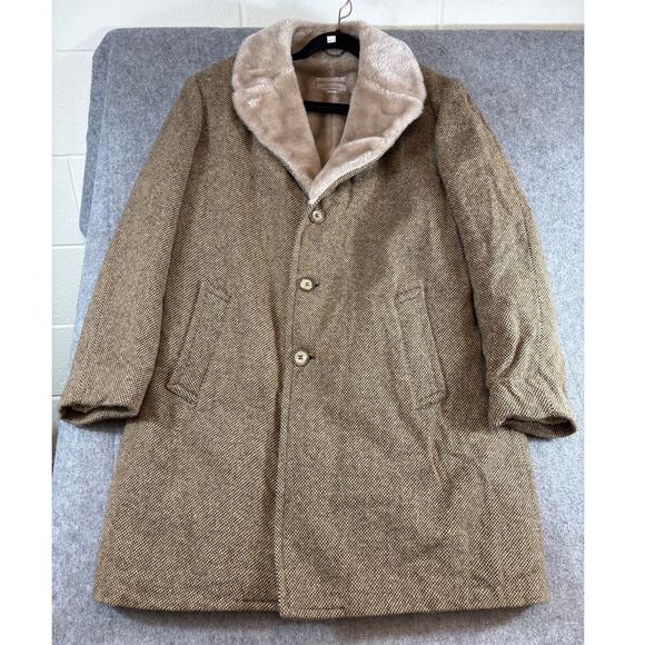 VINTAGE Marshall Field & Co Wool Coat Mens 42L Brown Shearling Lined Overcoat